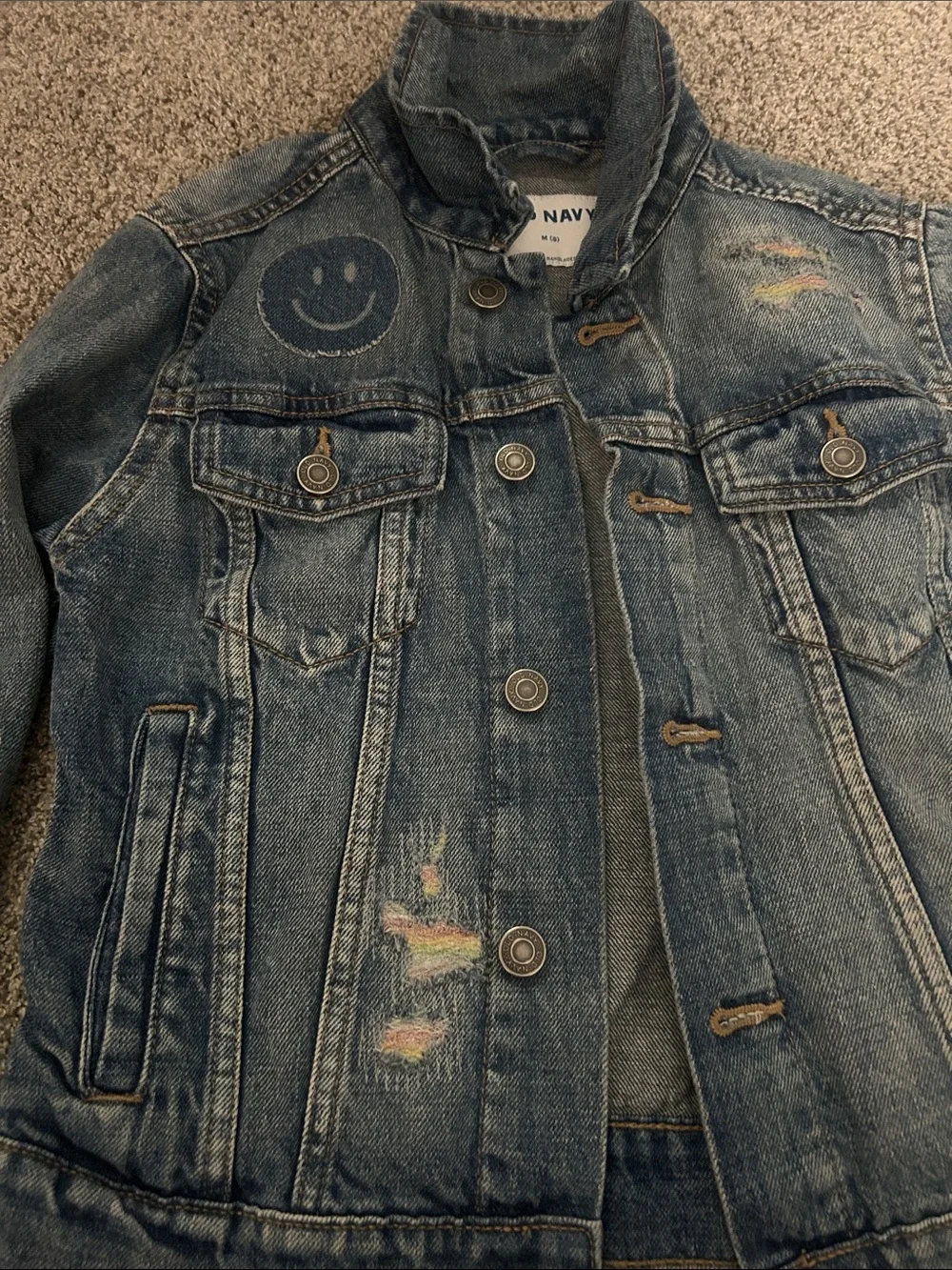 Old Navy Blue Distressed Denim Jacket with Smiley Patch